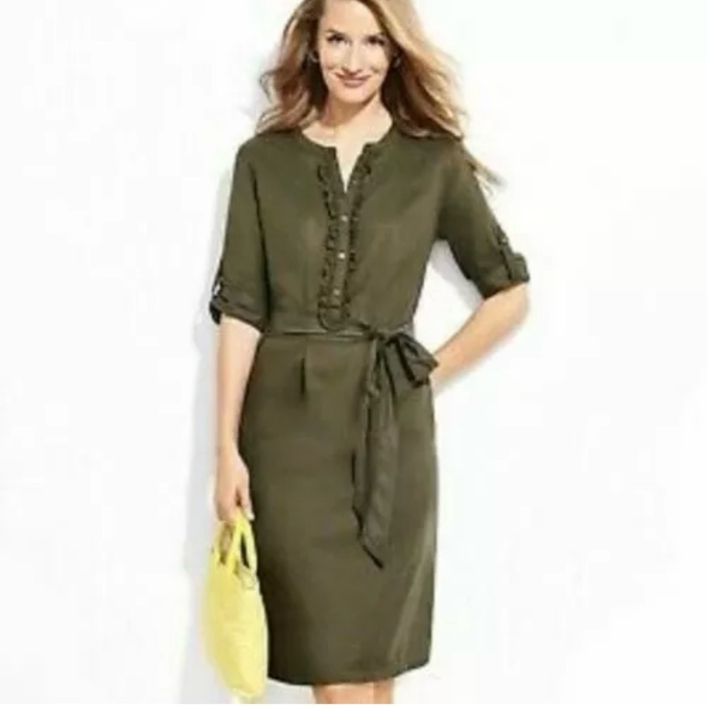 Talbots petites Olive Belted Ruffle Front Military Shirt Dress Size 4P